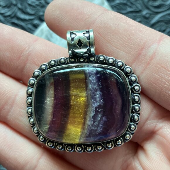 Yellow and Purple Rainbow Fluorite And Citrine Crystal Stone Jewelry Pendant - Picture 1 of 7